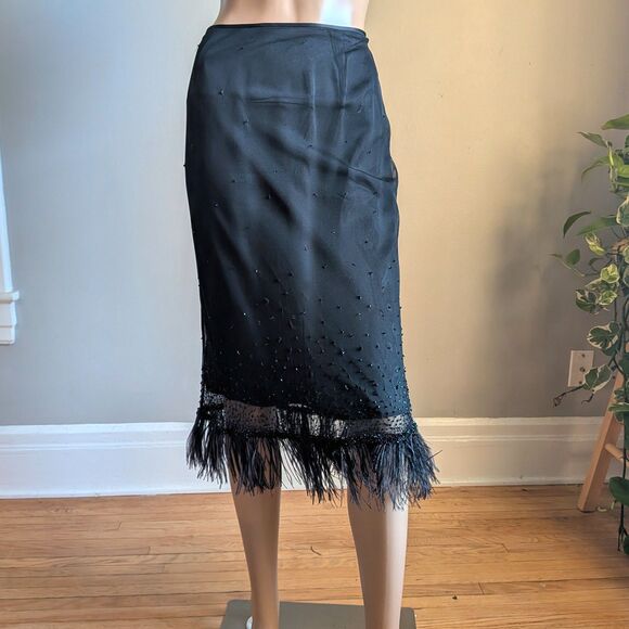 Vintage Y2K Tahari Black Mesh Skirt Beaded Feathers Midi Whimsygoth Size 10 - Picture 13 of 14